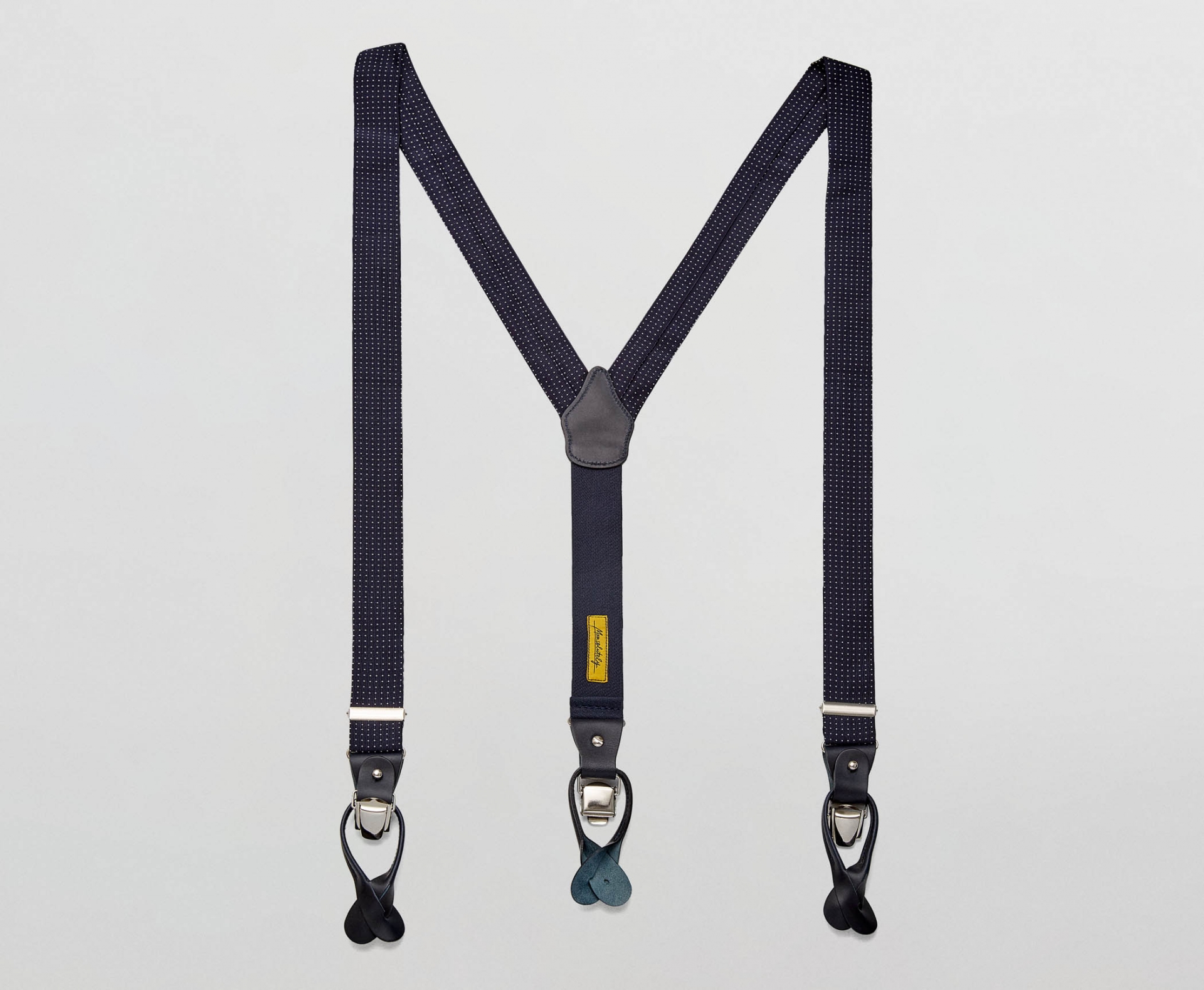 100% Navy Blue Silk Suspenders with White Polka Dots